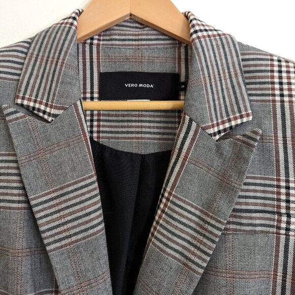 Vero Moda Peak Lapel One Button Hip Length Plaid Blazer Size US6 EU38 - Picture 2 of 5